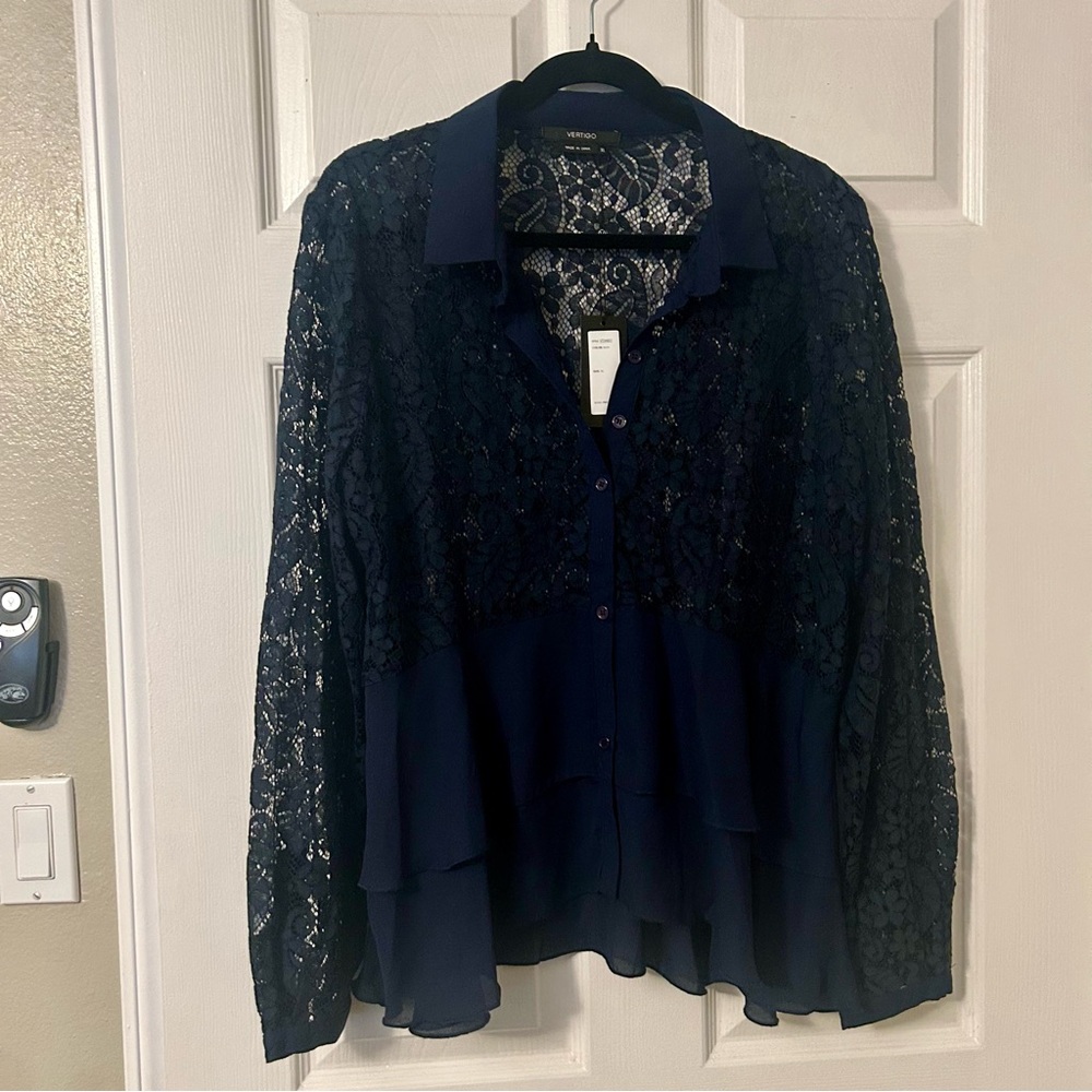 Vertigo Paris Navy Lace Button-Down Blouse